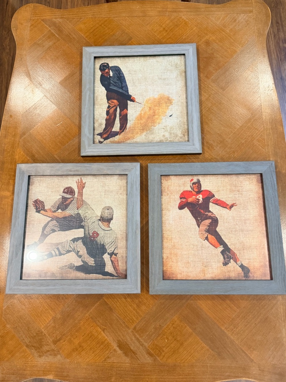 Set of 3 Vintage Sports Wall Art Prints in Gray Wood Frames